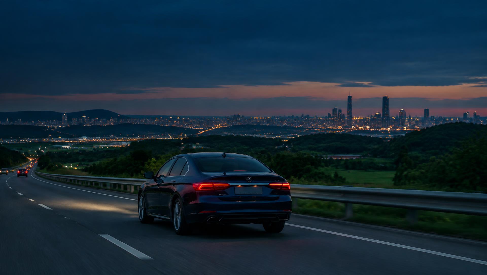 Carro percorrendo uma rodovia ao entardecer